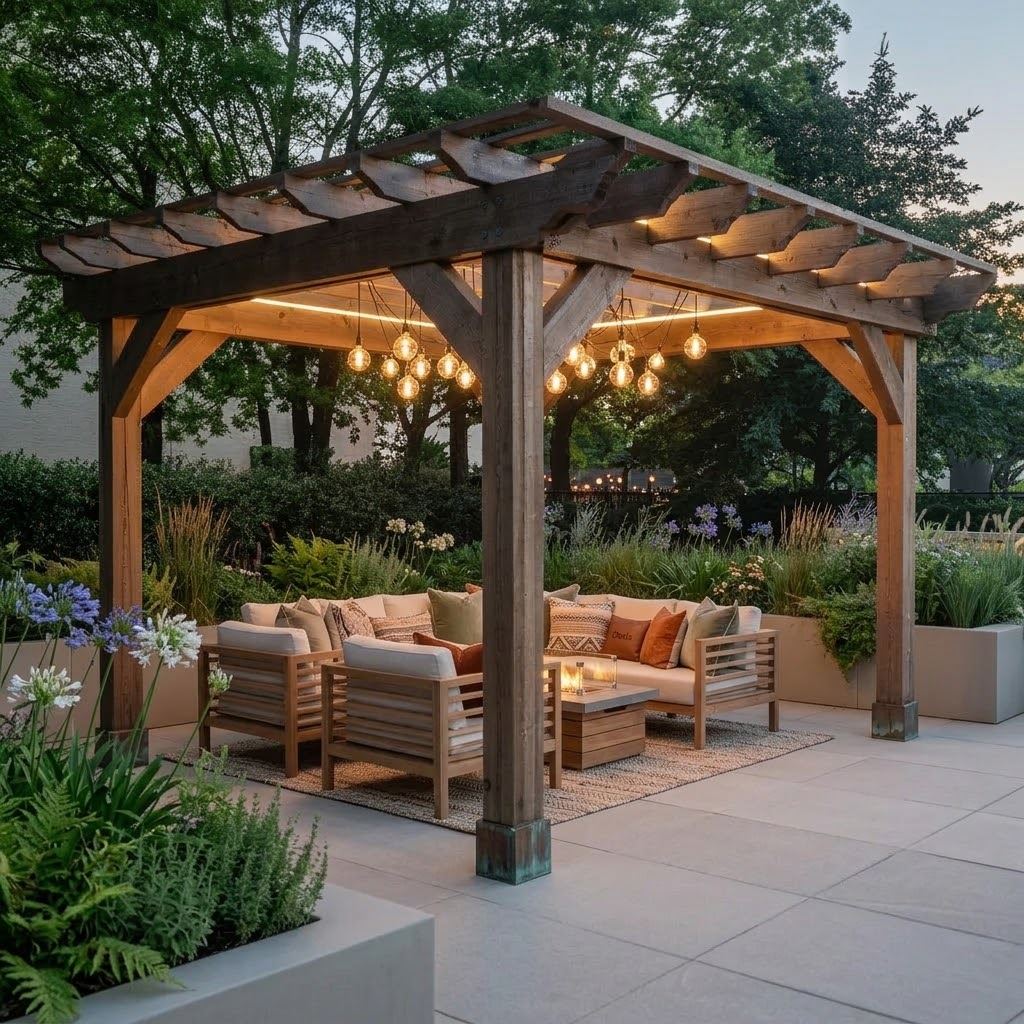 Wooden pergola with outdoor seating